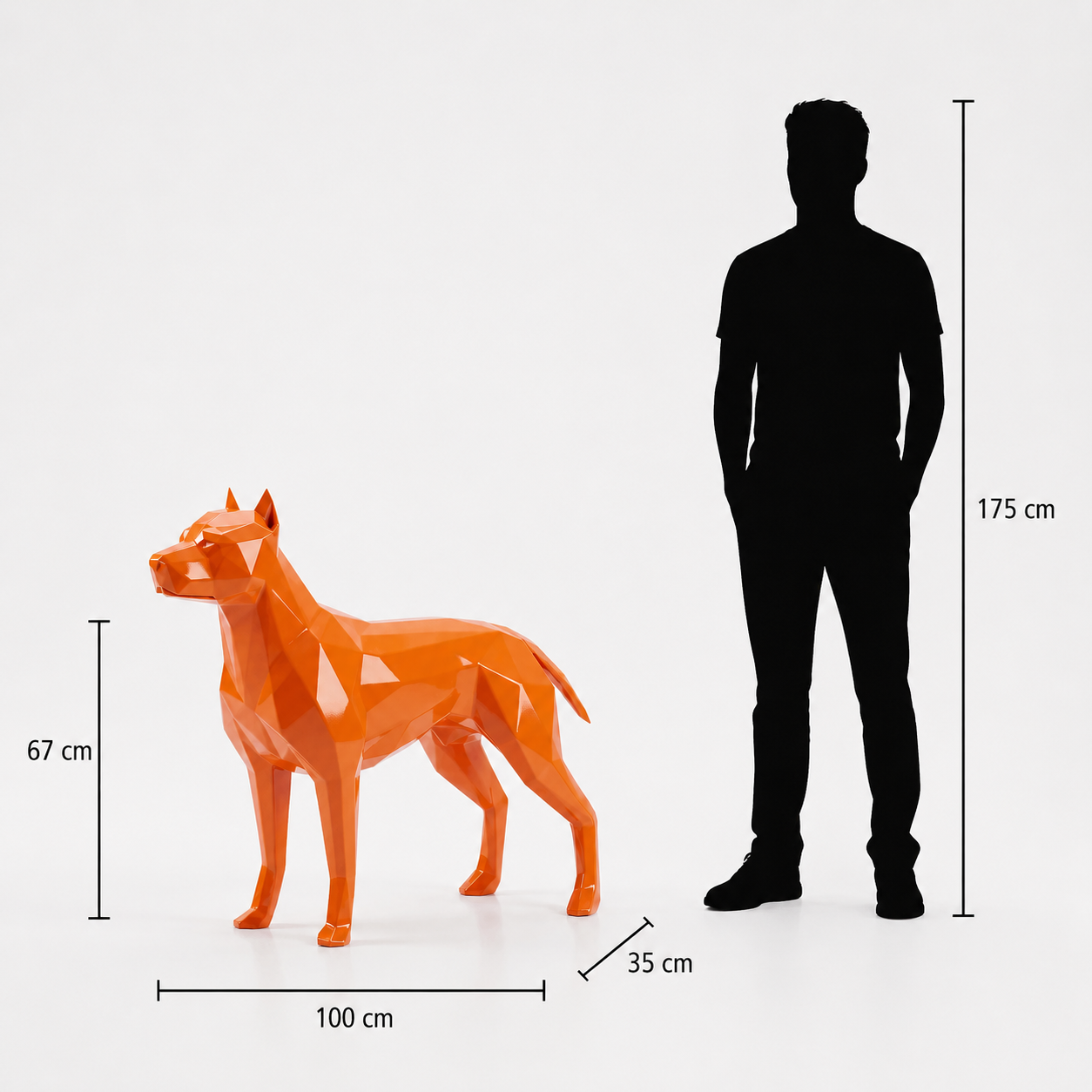This visual presents the Large Faceted Guard Dog Sculpture in real scale, compared to a 175 cm human silhouette. With a height of 67 cm, this decorative dog sculpture creates a modern, expressive, and reassuring presence. Its faceted design, inspired by polygonal art and origami style, highlights the alert and protective character of the guard dog, making it an ideal piece for villas, gardens, terraces, reception halls, showrooms, offices, and high-end decorative spaces.