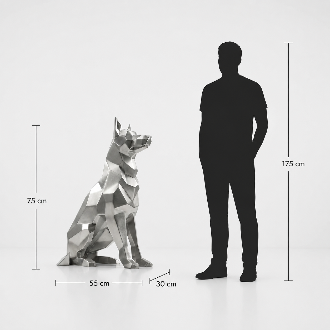 This visual presents the Large Faceted German Shepherd Sculpture in real scale, compared to a 175 cm human silhouette. With a height of 75 cm, this dog sculpture creates an elegant, modern, and expressive presence. Its faceted design, inspired by polygonal art and origami style, highlights the noble appearance, alert posture, and protective character of the German Shepherd, making it an ideal decorative statement piece for villas, gardens, terraces, reception halls, showrooms, offices, and high-end decorative spaces.