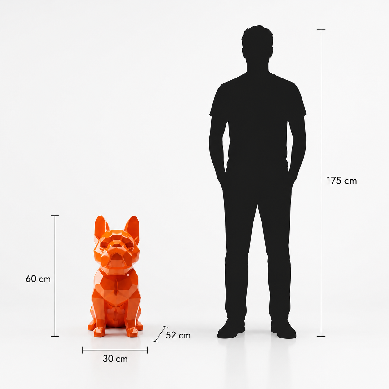 This visual presents the Large Faceted Bulldog Sculpture in real scale, compared to a 175 cm human silhouette. With a height of 60 cm, this decorative bulldog sculpture creates a compact, modern, and characterful presence. Its faceted design, inspired by polygonal art and origami style, highlights the bulldog’s sturdy silhouette and distinctive expression, making it an ideal piece for villas, living rooms, offices, reception halls, showrooms, design boutiques, and high-end decorative spaces.