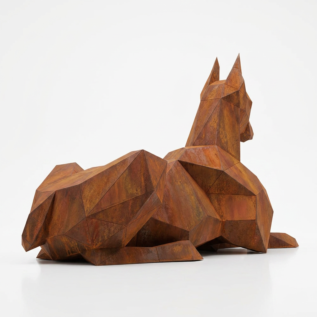 Grande Sculpture Doberman Allongé Facettée - Sculpture Origami