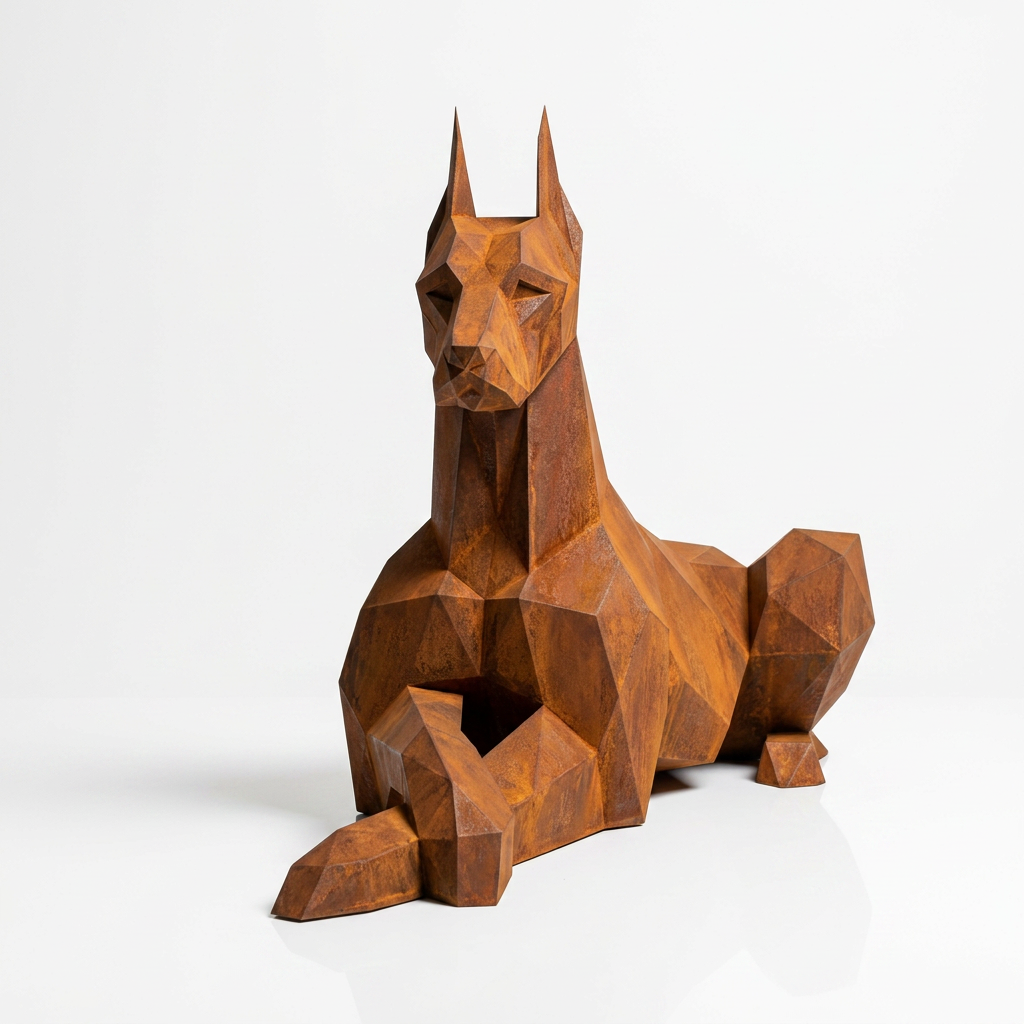 Grande Sculpture Doberman Allongé Facettée - Sculpture Origami