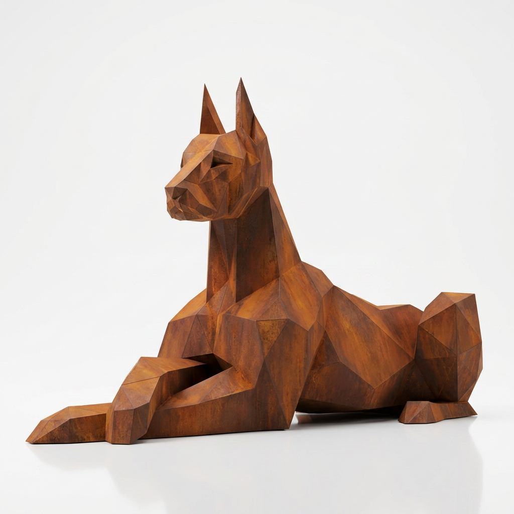 Grande Sculpture Doberman Allongé Facettée - Sculpture Origami