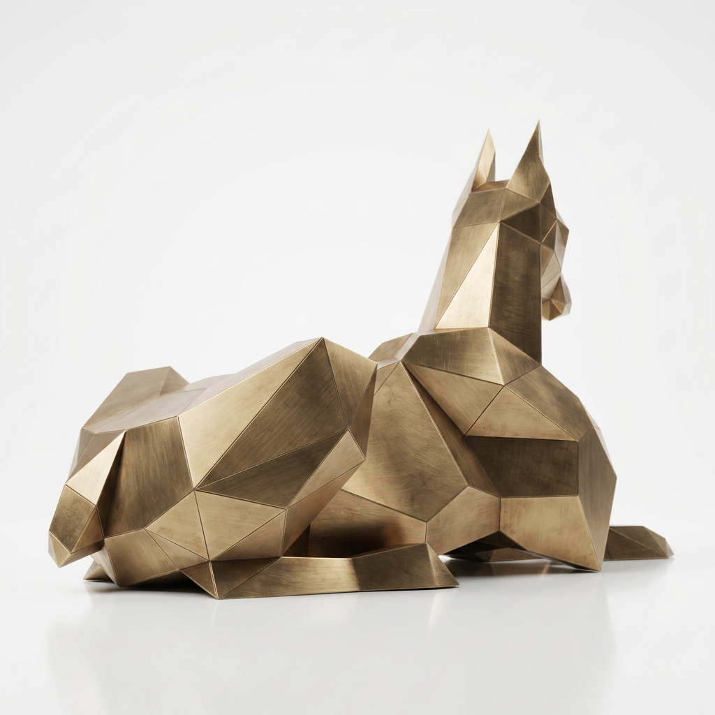 Grande Sculpture Doberman Allongé Facettée - Sculpture Origami