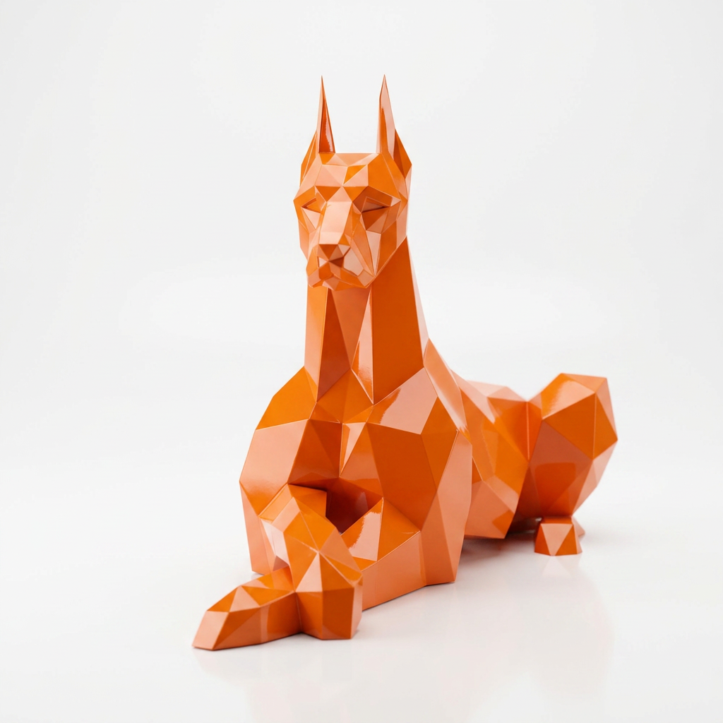 Grande Sculpture Doberman Allongé Facettée - Sculpture Origami