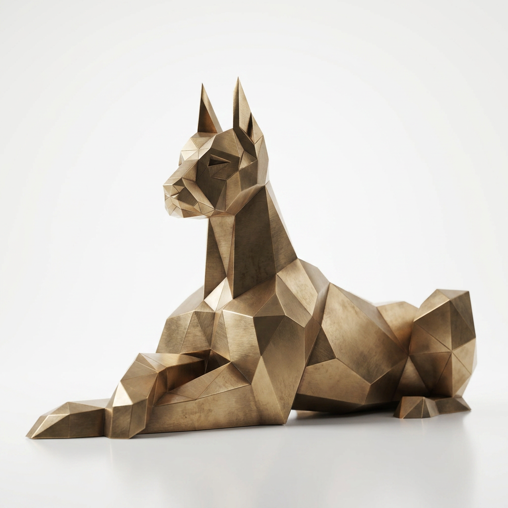 Grande Sculpture Doberman Allongé Facettée - Sculpture Origami