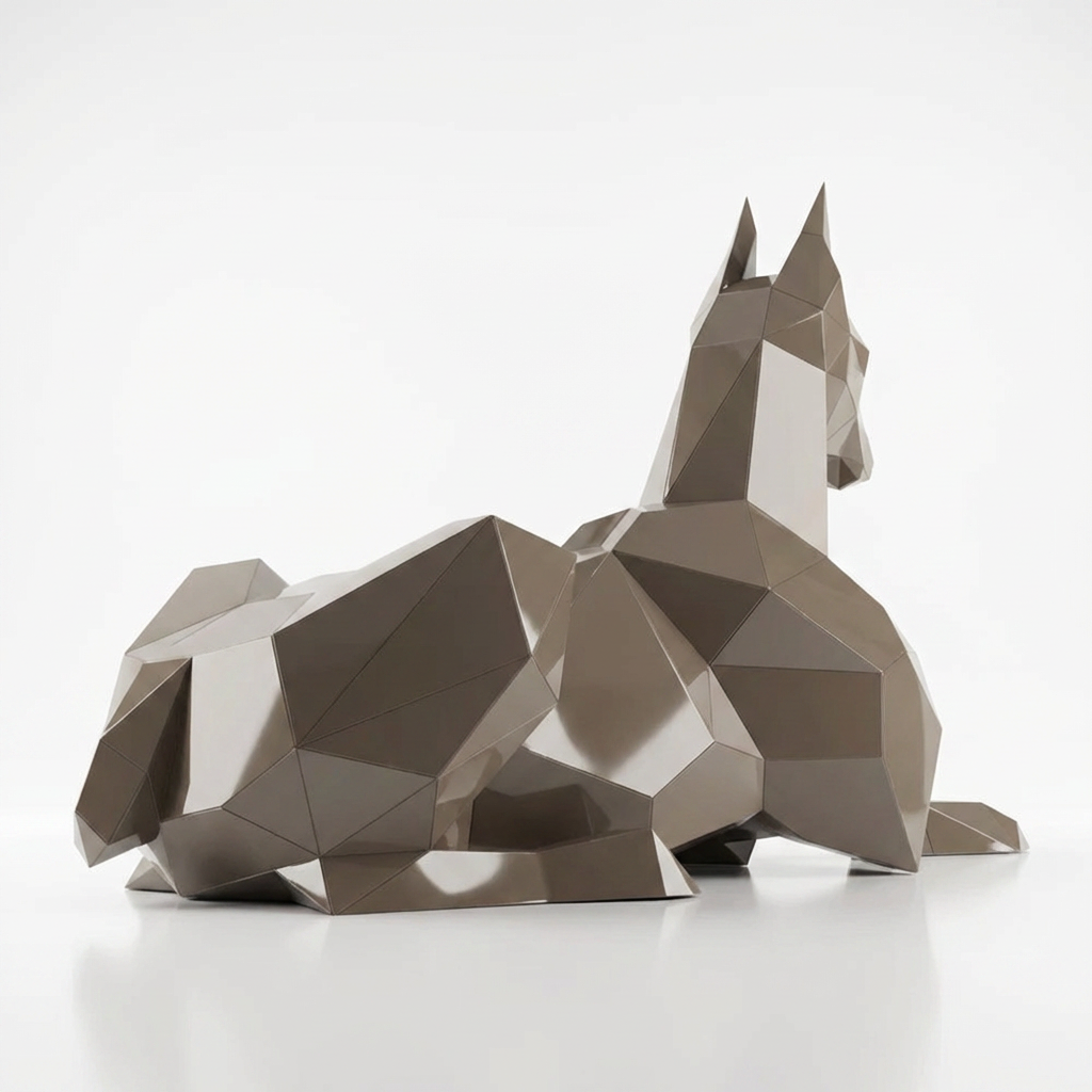 Grande Sculpture Doberman Allongé Facettée - Sculpture Origami