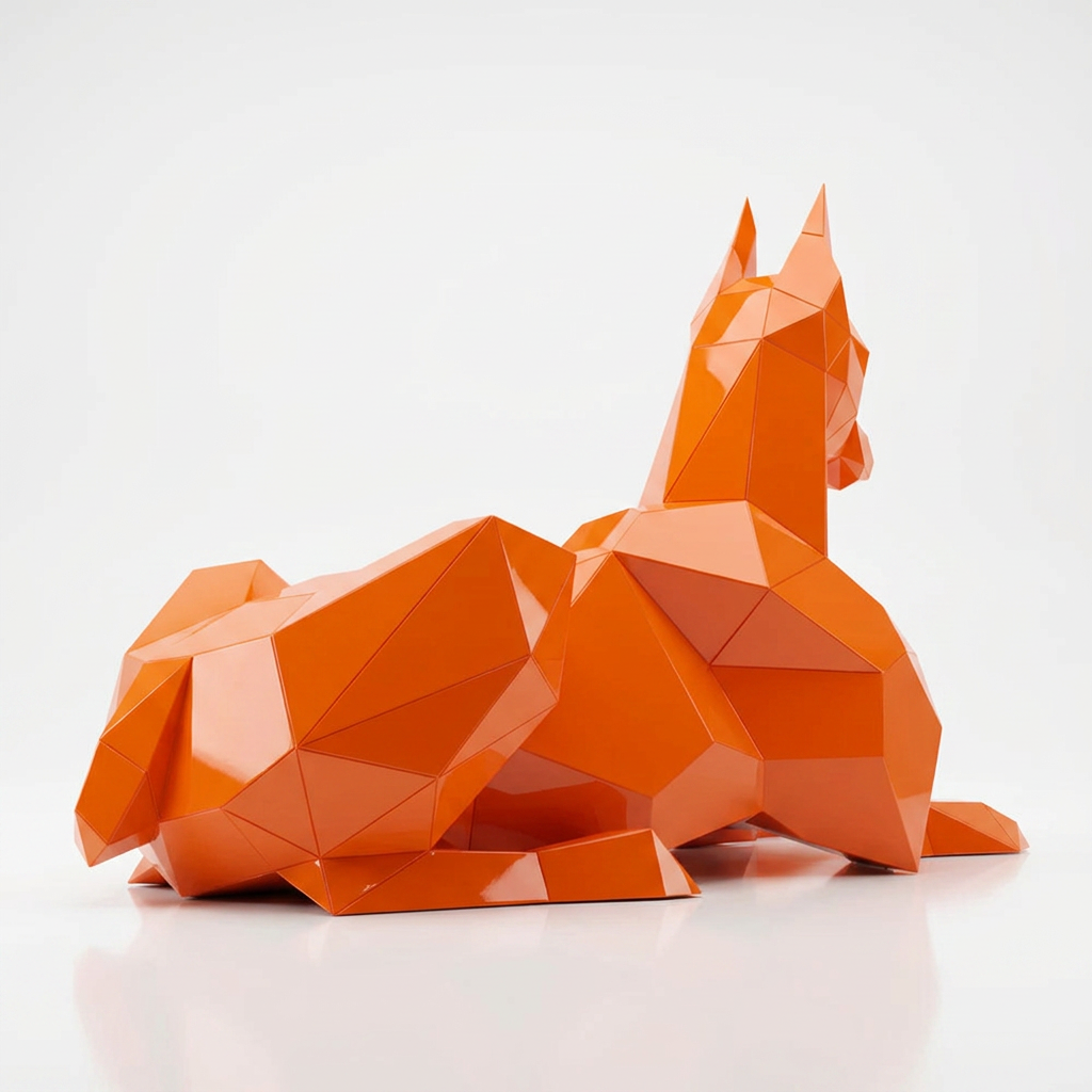 Grande Sculpture Doberman Allongé Facettée - Sculpture Origami