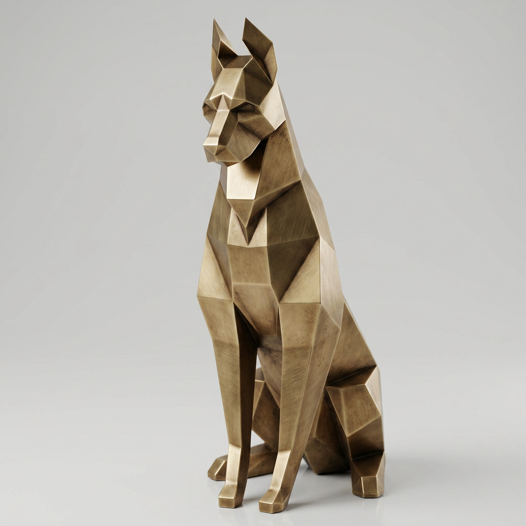 Grande Sculpture Doberman Assis Facettée - Sculpture Origami