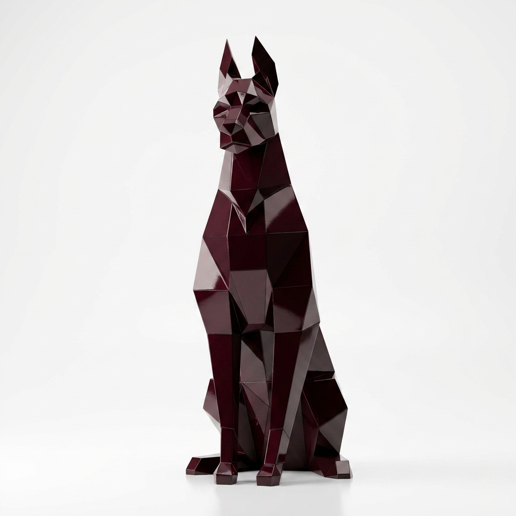 Grande Sculpture Doberman Assis Facettée - Sculpture Origami