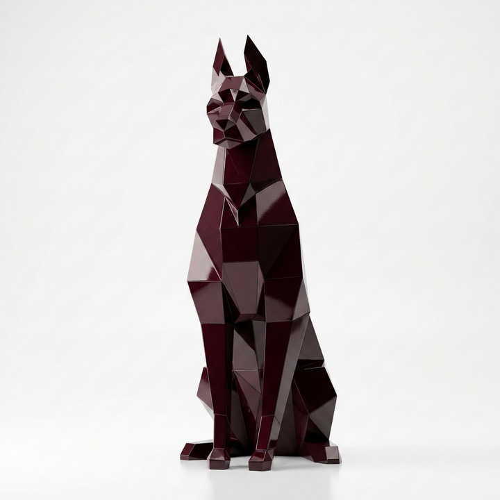 Grande Sculpture Doberman Assis Facettée - Sculpture Origami