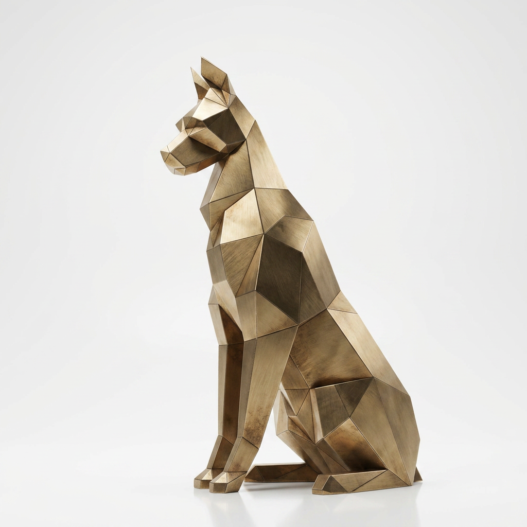 Grande Sculpture Doberman Assis Facettée - Sculpture Origami