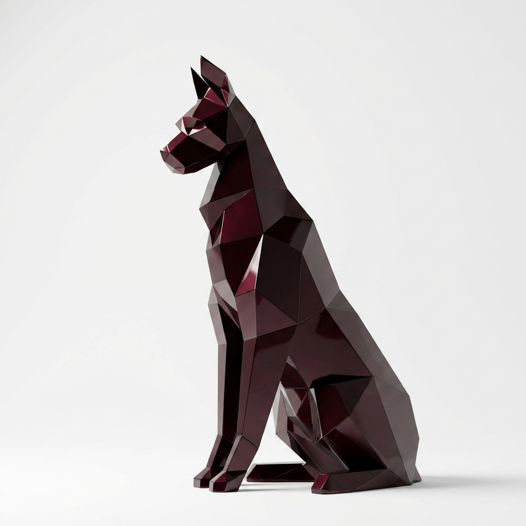 Grande Sculpture Doberman Assis Facettée - Sculpture Origami