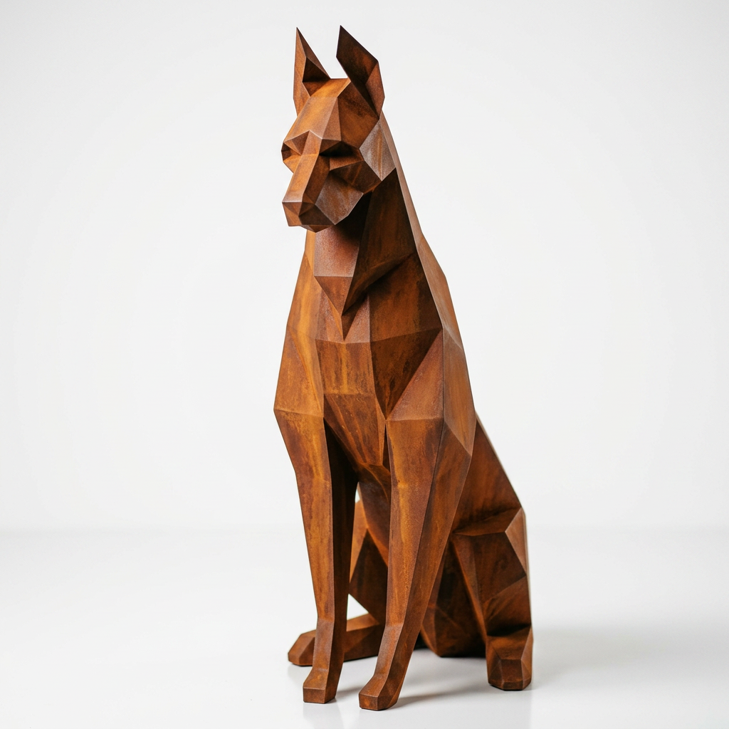 Grande Sculpture Doberman Assis Facettée - Sculpture Origami