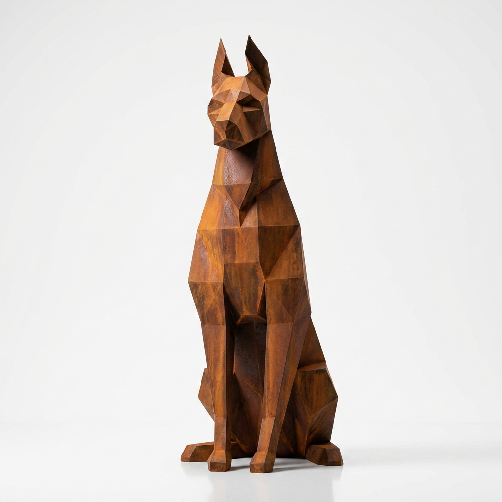 Grande Sculpture Doberman Assis Facettée - Sculpture Origami