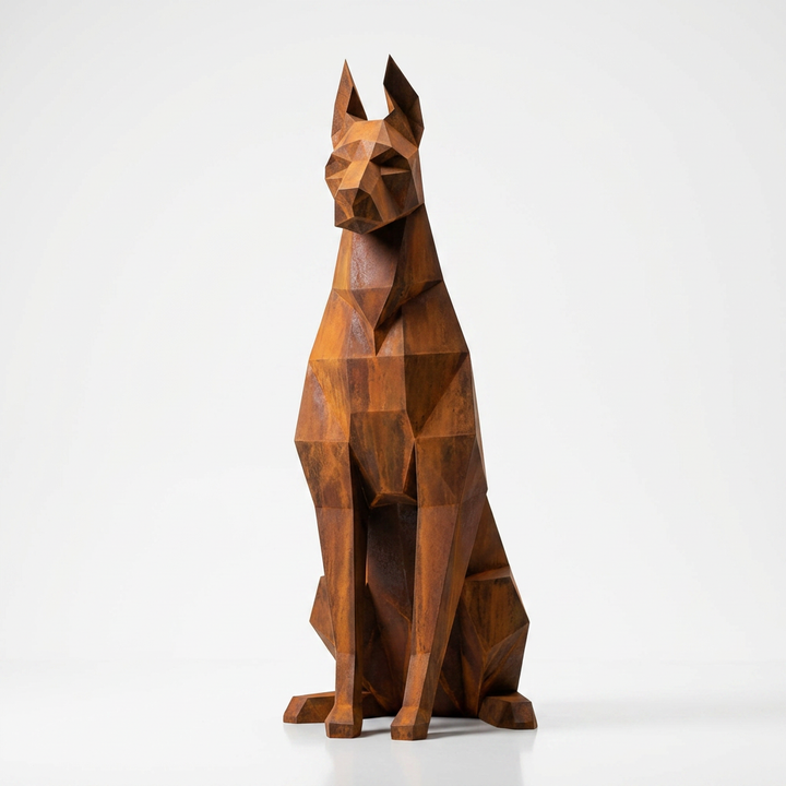 Grande Sculpture Doberman Assis Facettée - Sculpture Origami