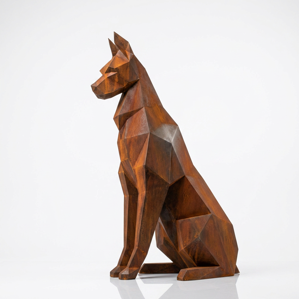 Grande Sculpture Doberman Assis Facettée - Sculpture Origami