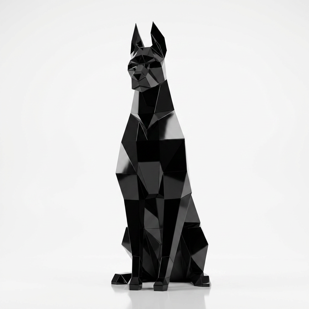 Grande Sculpture Doberman Assis Facettée - Sculpture Origami