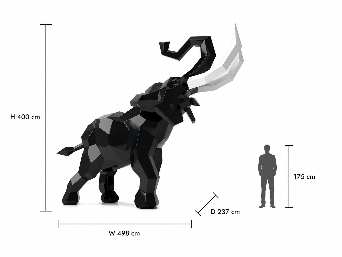 This visual presents the Faceted Origami Elephant Sculpture in real scale, compared to a 175 cm human silhouette. With a height of 400 cm, this monumental elephant sculpture creates a spectacular, powerful, and distinctly contemporary presence. Its faceted design, inspired by origami art and polygonal style, highlights the elephant’s strength, wisdom, and noble character, making it an exceptional decorative statement piece for villas, hotels, gardens, showrooms, reception halls, landscaped spaces, art galleries, and premium entrances.
