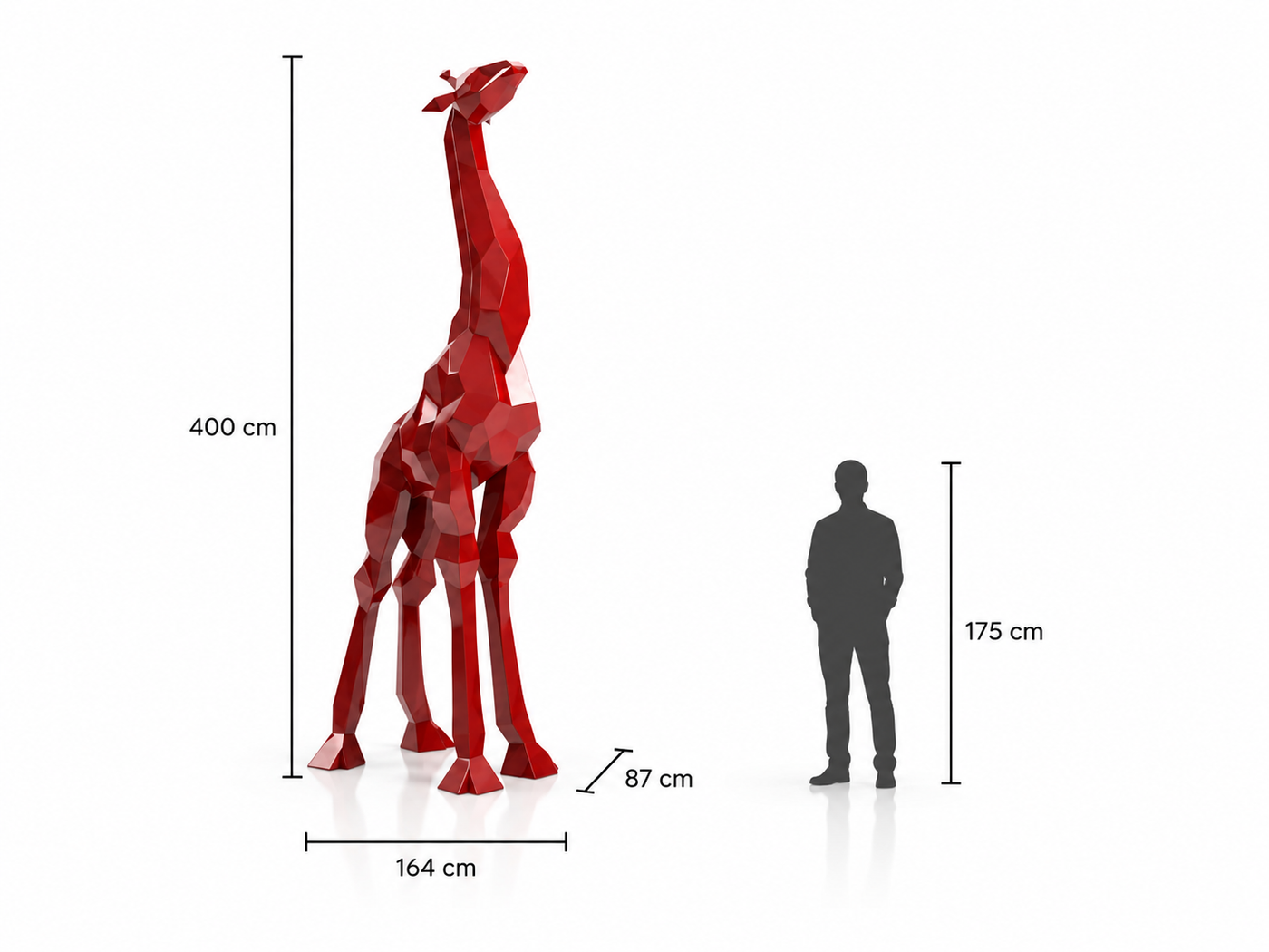 This visual presents the Faceted Modern Giraffe Sculpture in real scale, compared to a 175 cm human silhouette. With a height of 400 cm, this monumental giraffe sculpture creates a spectacular, elegant, and distinctly contemporary presence. Its faceted design, inspired by polygonal art and origami style, highlights the giraffe’s slender silhouette, natural grace, and majestic character, making it an exceptional decorative statement piece for villas, hotels, gardens, showrooms, reception halls, landscaped spaces, art galleries, and premium entrances.