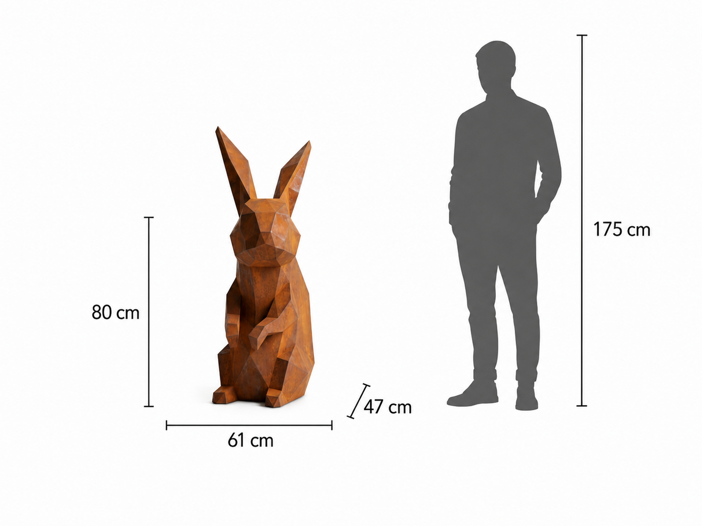 This visual presents the Large Polygon Rabbit Sculpture in real scale, compared to a 175 cm human silhouette. With a height of 80 cm, this decorative sculpture creates an elegant, gentle, and distinctly contemporary presence. Its faceted polygonal design, inspired by geometric art and origami style, highlights the rabbit’s refined silhouette and calming character, making it an ideal piece for villas, gardens, terraces, living rooms, reception halls, showrooms, design boutiques, and high-end decorative spaces.