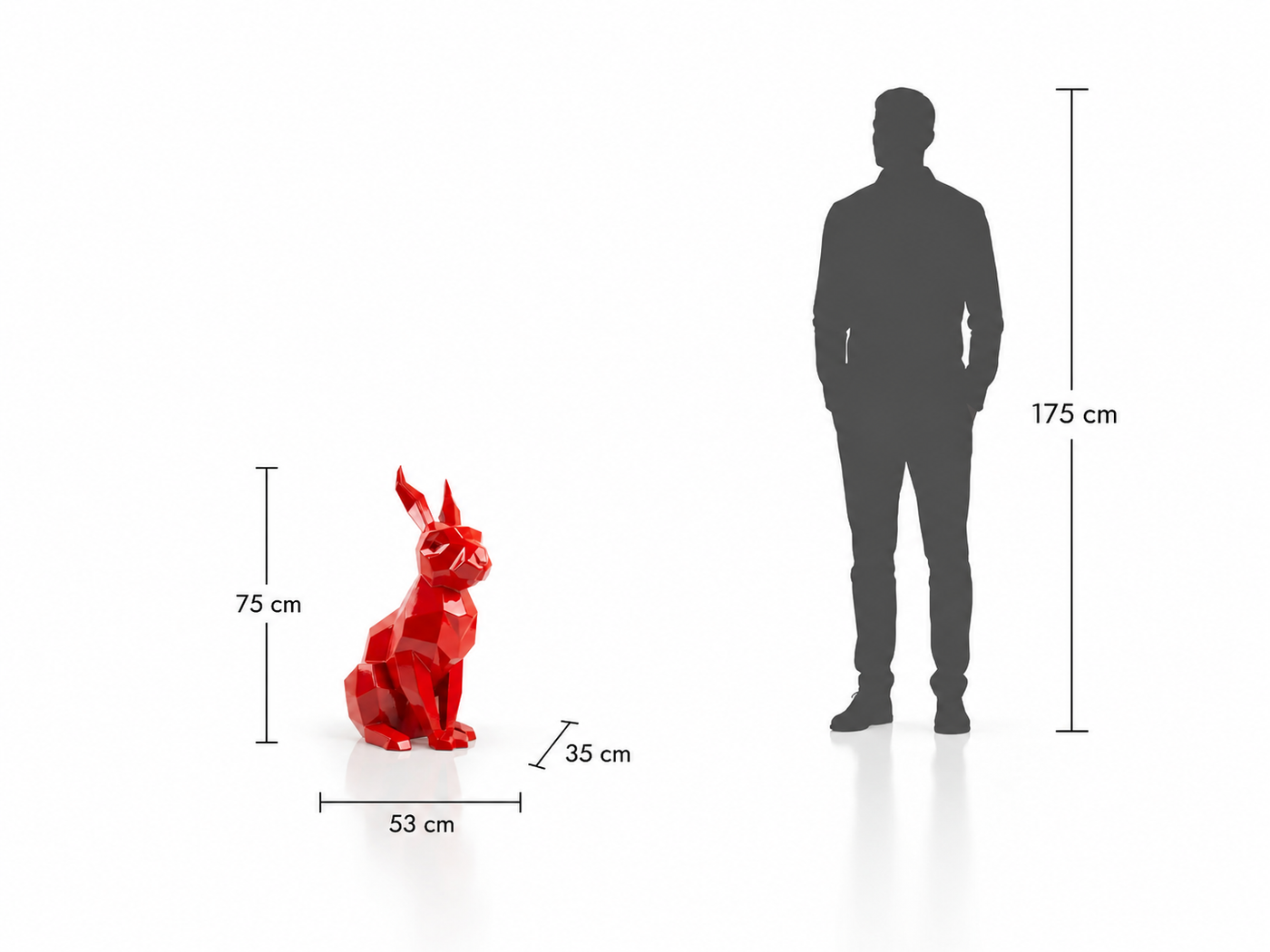 This visual presents the Faceted Modern Rabbit Sculpture in real scale, compared to a 175 cm human silhouette. With a height of 75 cm, this decorative sculpture creates an elegant, gentle, and contemporary presence. Its faceted design, inspired by polygonal art and origami style, highlights the rabbit’s refined silhouette and calming character, making it an ideal piece for villas, gardens, terraces, living rooms, reception halls, showrooms, design boutiques, and high-end decorative spaces.