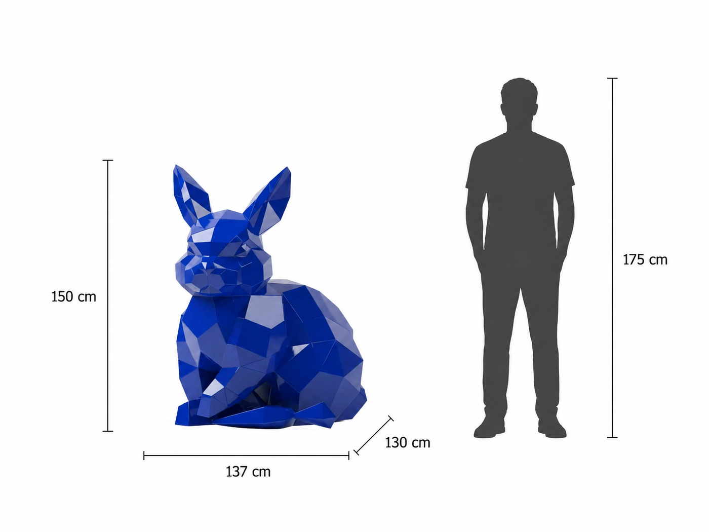 This visual presents the Faceted Geometric Rabbit Sculpture in real scale, compared to a 175 cm human silhouette. With a height of 150 cm, this rabbit sculpture creates an elegant, gentle, and distinctly contemporary presence. Its faceted geometric design, inspired by polygonal art and origami style, highlights the rabbit’s refined silhouette and calming character, making it an ideal decorative statement piece for villas, hotels, gardens, terraces, showrooms, reception halls, design boutiques, and high-end spaces.