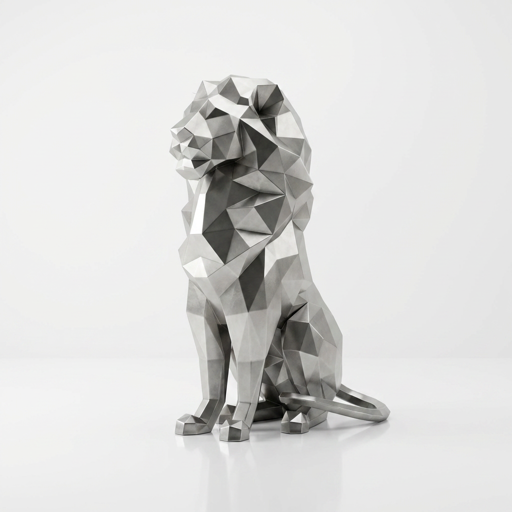 Grande Sculpture Lion Assis Polygone - Sculpture Origami