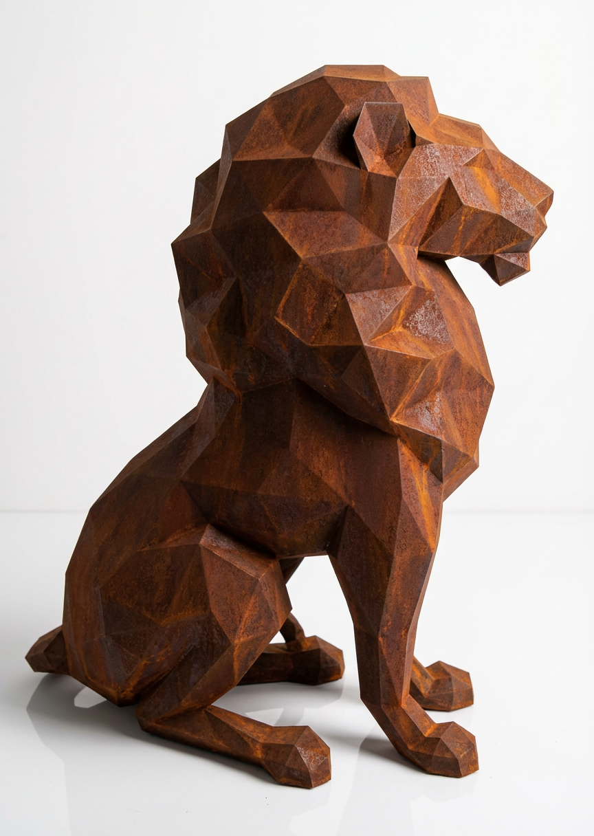 Grande Sculpture Lion Assis Polygone - Sculpture Origami