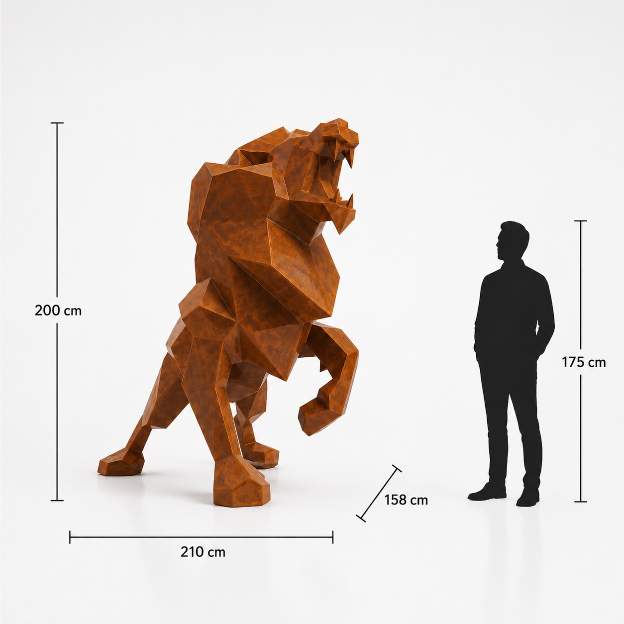 This visual presents the Large Faceted Roaring Lion Sculpture in real scale, compared to a 175 cm human silhouette. With a height of 200 cm, this monumental lion sculpture creates a powerful, majestic, and distinctly contemporary presence. Its faceted design, inspired by polygonal art and origami style, highlights the expressive strength of a roaring lion and makes it an exceptional decorative statement piece for villas, hotels, gardens, showrooms, reception halls, art galleries, and premium entrances.