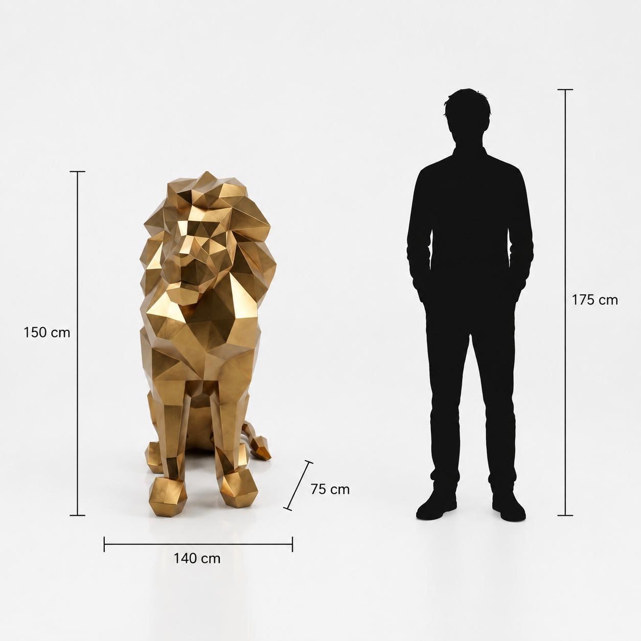 This visual presents the Large Polygon Lion Sculpture in real scale, compared to a 175 cm human silhouette. With a height of 150 cm, this lion sculpture creates a majestic, modern, and perfectly balanced presence. Its faceted polygonal design, inspired by geometric art and origami style, makes it an ideal decorative statement piece for villas, hotels, gardens, terraces, showrooms, reception halls, art galleries, and premium entrances.