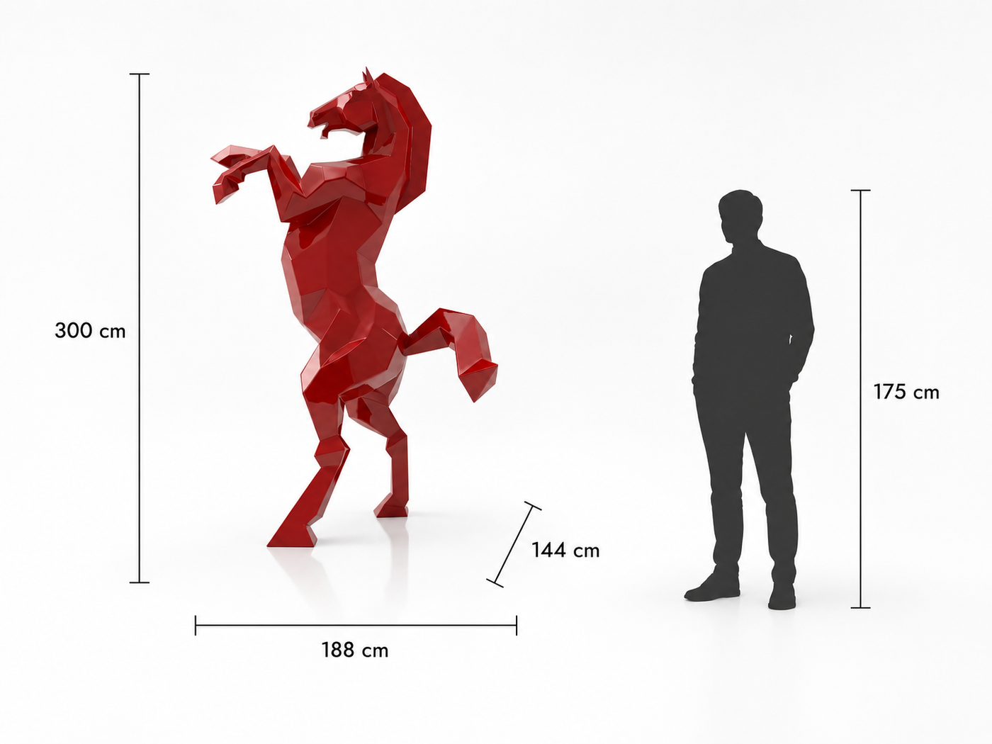 This visual presents the Large Faceted Rearing Horse Sculpture in real scale, compared to a 175 cm human silhouette. With a height of 300 cm, this monumental rearing horse sculpture creates a spectacular, majestic, and distinctly contemporary presence. Its faceted design, inspired by polygonal art and origami style, highlights the full power and movement of the horse, making it an exceptional decorative statement piece for villas, hotels, gardens, showrooms, reception halls, equestrian centers, art galleries, and premium entrances.