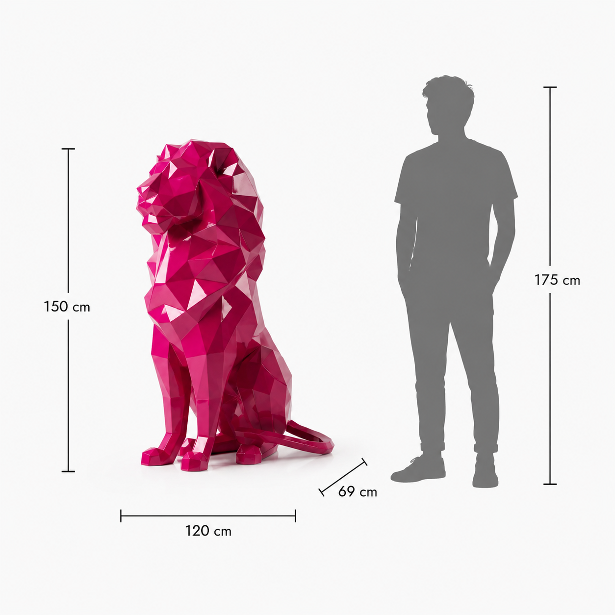 This visual presents the Large Sitting Polygon Lion Sculpture in real scale, compared to a 175 cm human silhouette. With a height of 150 cm, this seated lion sculpture creates a majestic, balanced, and contemporary presence. Its faceted polygonal design, inspired by geometric art and origami style, makes it an ideal decorative statement piece for villas, hotels, gardens, terraces, showrooms, reception halls, art galleries, and premium entrances.