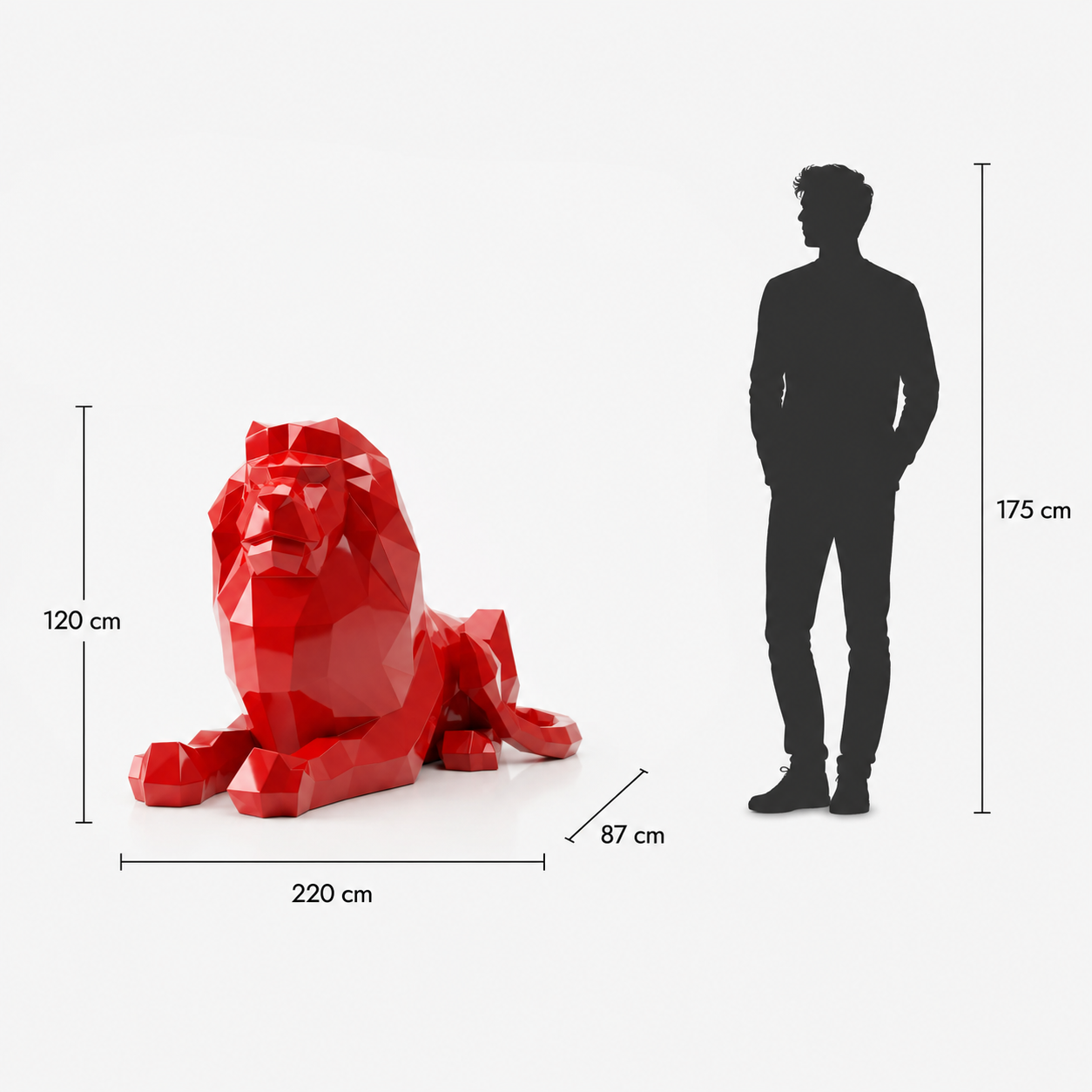 This visual presents the Large Reclining Lion Sculpture in real scale, compared to a 175 cm human silhouette. With a height of 120 cm, this reclining lion sculpture creates an elegant, calming, and contemporary presence. Its sculptural design highlights the nobility and quiet strength of the lion, making it an ideal decorative statement piece for villas, hotels, gardens, terraces, showrooms, reception halls, art galleries, and high-end spaces.