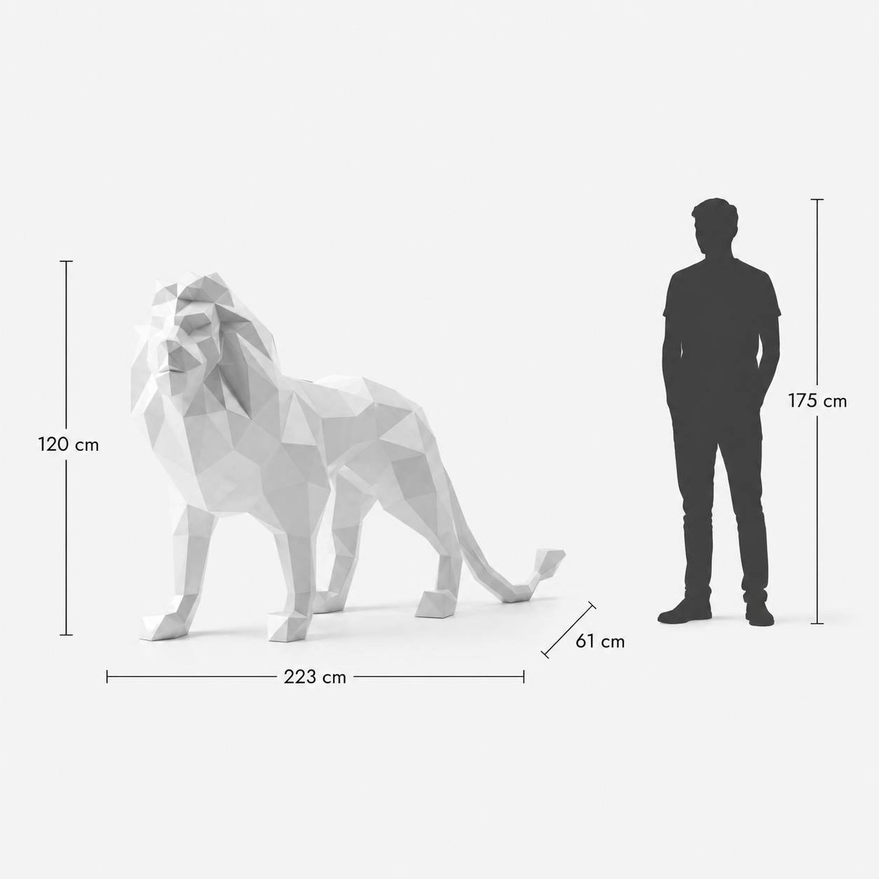 This visual presents the Large Origami Lion Sculpture in real scale, compared to a 175 cm human silhouette. With a height of 120 cm, this lion sculpture creates an elegant, noble, and contemporary presence. Its faceted design, inspired by origami art and polygonal style, highlights the symbolic strength of the lion while fitting perfectly into villas, hotels, gardens, terraces, showrooms, reception halls, art galleries, and high-end spaces.
