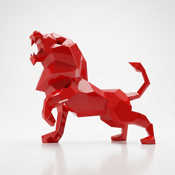 Grande Sculpture Lion Rugissant Facetté - Sculpture Origami
