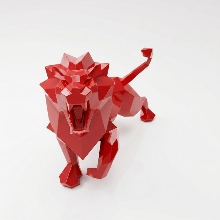Grande Sculpture Lion Rugissant Facetté - Sculpture Origami
