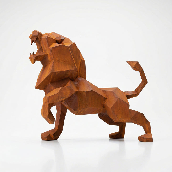 Grande Sculpture Lion Rugissant Facetté - Sculpture Origami