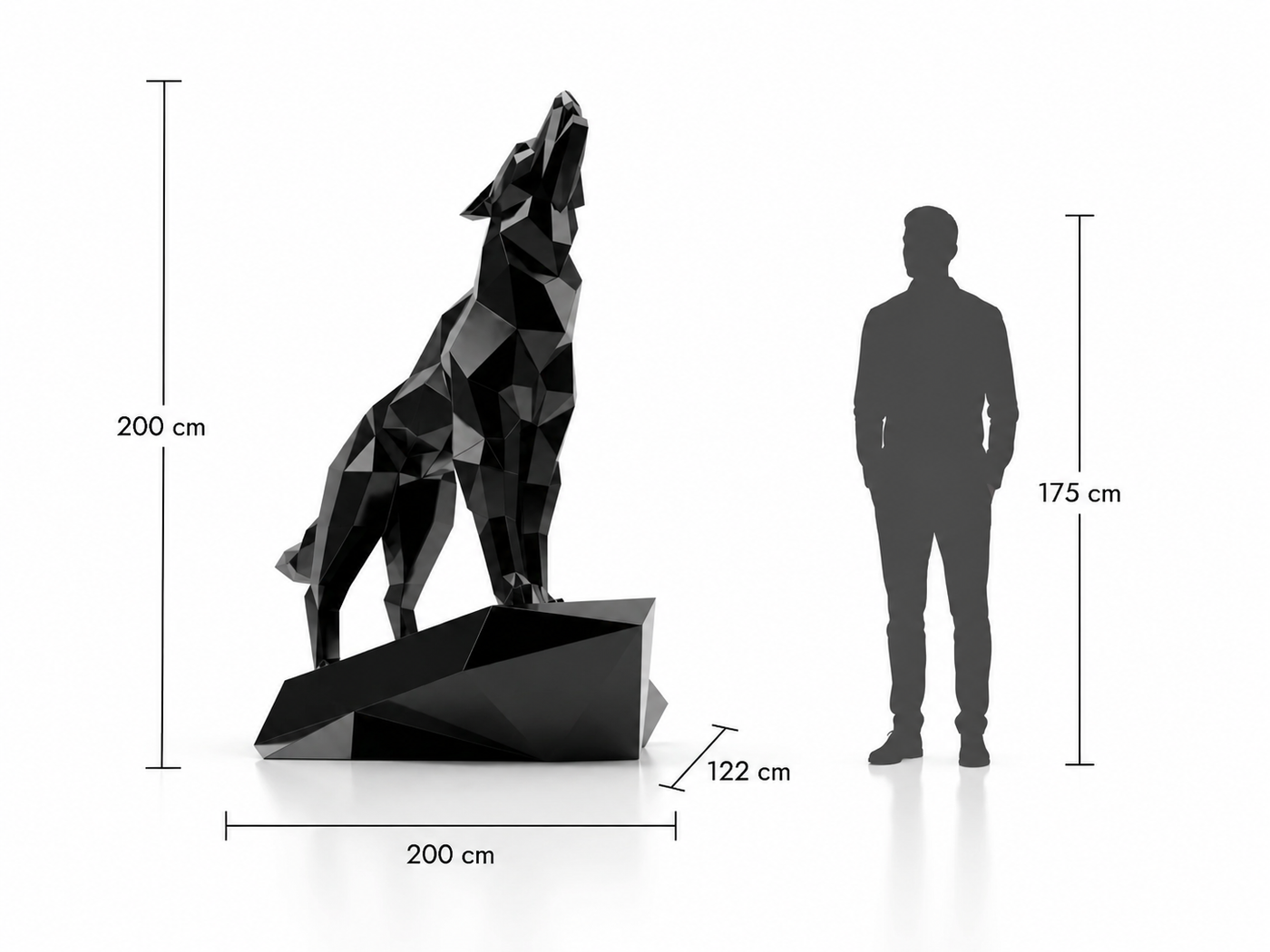 This visual presents the Large Faceted Origami Wolf Sculpture in real scale, compared to a 175 cm human silhouette. With a height of 200 cm, this monumental wolf sculpture creates a powerful, wild, and distinctly contemporary presence. Its faceted design, inspired by origami art and polygonal style, highlights the wolf’s elegance, instinct, and symbolic strength, making it a remarkable decorative statement piece for villas, hotels, gardens, showrooms, reception halls, chalets, art galleries, and premium entrances.