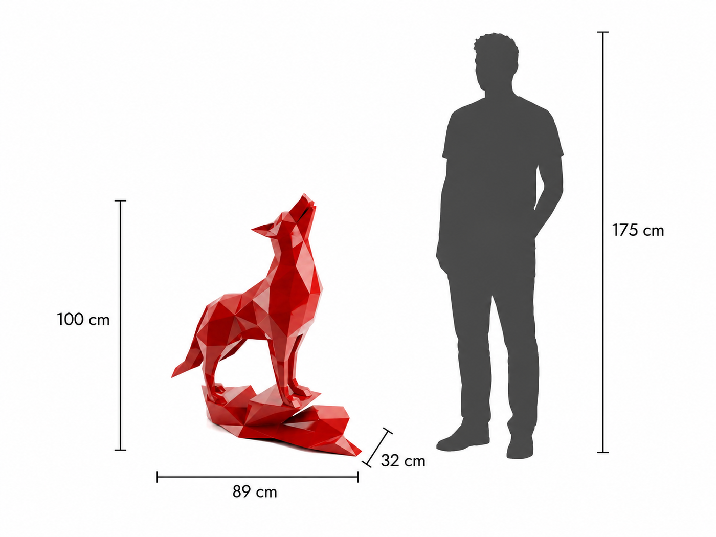 This visual presents the Origami Wolf – Large Polygon Sculpture in real scale, compared to a 175 cm human silhouette. With a height of 100 cm, this wolf sculpture creates an elegant, wild, and contemporary presence. Its faceted polygonal design, inspired by origami art and geometric style, highlights the wolf’s instinct, symbolic strength, and noble character, making it an ideal decorative statement piece for villas, gardens, terraces, reception halls, showrooms, chalets, art galleries, and high-end spaces.