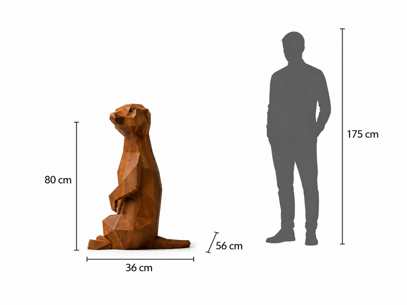 This visual presents the Large Origami Meerkat Sculpture in real scale, compared to a 175 cm human silhouette. With a height of 80 cm, this meerkat sculpture creates an original, elegant, and distinctly contemporary presence. Its faceted design, inspired by origami art and polygonal style, highlights the meerkat’s upright posture, natural alertness, and curious character, making it an ideal decorative piece for villas, gardens, terraces, living rooms, showrooms, reception halls, design boutiques, and high-end decorative spaces.