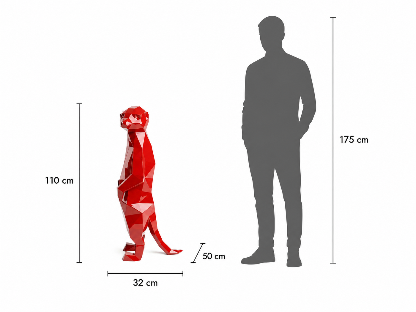 This visual presents the Large Polygon Meerkat Sculpture in real scale, compared to a 175 cm human silhouette. With a height of 110 cm, this meerkat sculpture creates an original, elegant, and distinctly contemporary presence. Its faceted polygonal design, inspired by geometric art and origami style, highlights the meerkat’s upright posture and curious character, making it an ideal decorative statement piece for villas, gardens, terraces, showrooms, reception halls, design boutiques, and high-end decorative spaces.