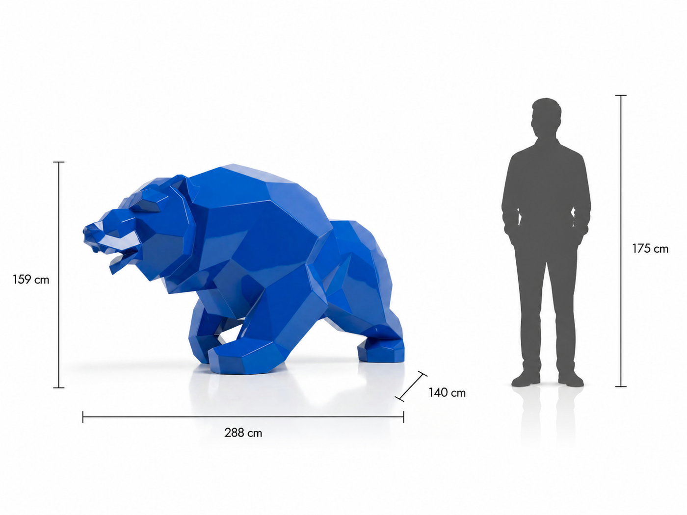 This visual presents the Large Faceted Roaring Bear Sculpture in real scale, compared to a 175 cm human silhouette. With a height of 159 cm, this bear sculpture creates a powerful, wild, and distinctly contemporary presence. Its faceted design, inspired by polygonal art and origami style, highlights the intensity of the roaring bear, its natural strength, and imposing character, making it an ideal decorative statement piece for villas, hotels, gardens, terraces, showrooms, reception halls, chalets, art galleries, and high-end spaces.