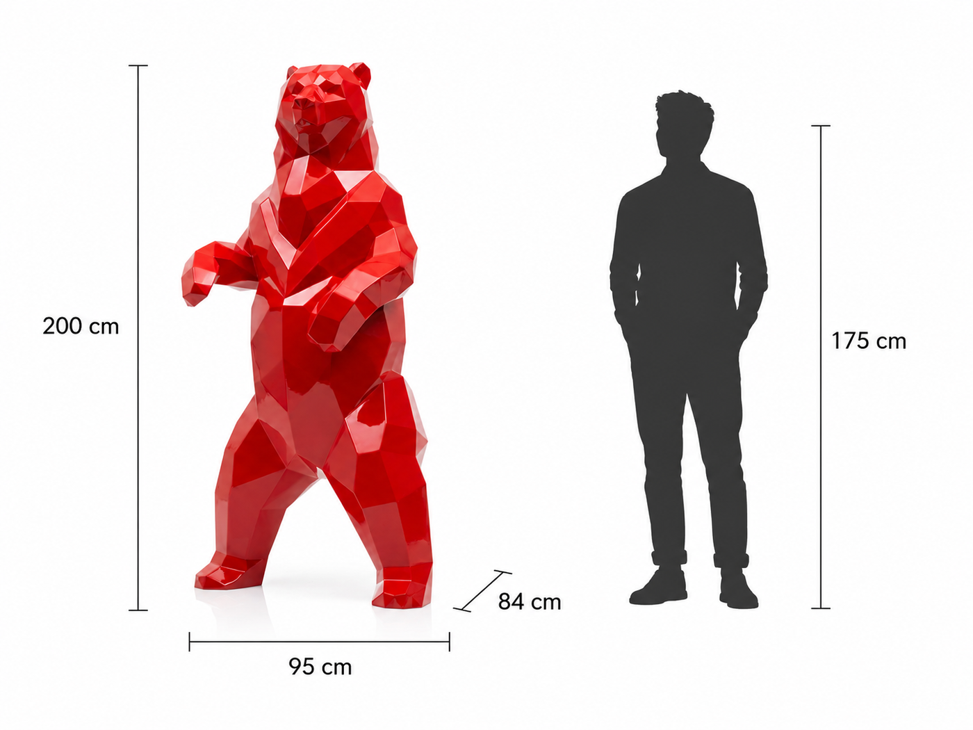 This visual presents the Large Faceted Standing Bear Sculpture in real scale, compared to a 175 cm human silhouette. With a height of 200 cm, this monumental standing bear sculpture creates a powerful, imposing, and distinctly contemporary presence. Its faceted design, inspired by polygonal art and origami style, highlights the bear’s strength, upright posture, and wild character, making it a remarkable decorative statement piece for villas, hotels, gardens, showrooms, reception halls, chalets, art galleries, and premium entrances.