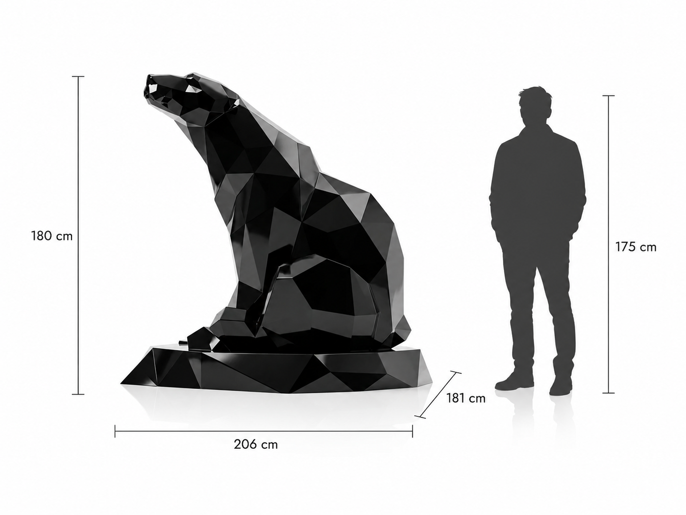 This visual presents the Large Faceted Sitting Bear Sculpture in real scale, compared to a 175 cm human silhouette. With a height of 180 cm, this monumental sitting bear sculpture creates a powerful, stable, and distinctly contemporary presence. Its faceted design, inspired by polygonal art and origami style, highlights the bear’s quiet strength, imposing posture, and wild character, making it an ideal decorative statement piece for villas, hotels, gardens, showrooms, reception halls, chalets, art galleries, and premium entrances.