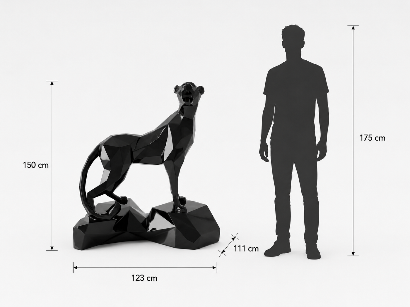 This visual presents the Large Cheetah Sculpture in real scale, compared to a 175 cm human silhouette. With a height of 150 cm, this cheetah sculpture creates an elegant, powerful, and distinctly contemporary presence. Its sculptural design highlights the cheetah’s slender silhouette and natural energy, making it an ideal decorative statement piece for villas, hotels, gardens, terraces, showrooms, reception halls, art galleries, and high-end spaces.