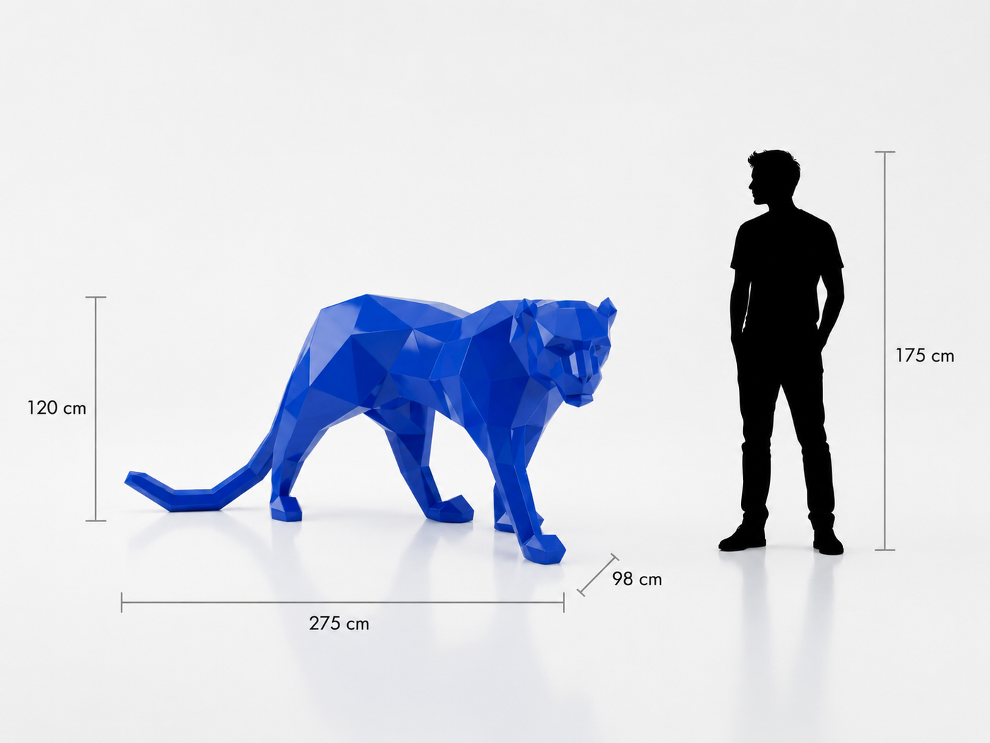 This visual presents the Large Polygon Panther Sculpture in real scale, compared to a 175 cm human silhouette. With a height of 120 cm, this panther sculpture creates an elegant, powerful, and distinctly contemporary presence. Its faceted polygonal design, inspired by geometric art and origami style, highlights the panther’s refined character and natural strength, making it an ideal decorative statement piece for villas, hotels, gardens, terraces, showrooms, reception halls, art galleries, and high-end spaces.