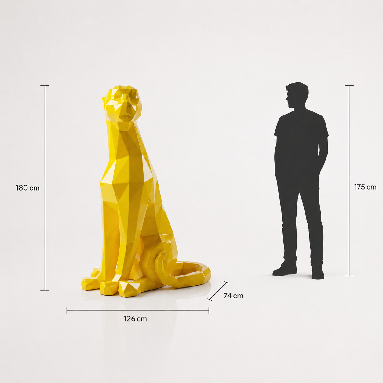 This visual presents the Large Origami Panther Statue in real scale, compared to a 175 cm human silhouette. With a height of 180 cm, this monumental panther sculpture creates an elegant, powerful, and distinctly contemporary presence. Its faceted design, inspired by origami art and polygonal style, highlights the panther’s refined silhouette and controlled energy, making it an ideal decorative statement piece for villas, hotels, gardens, showrooms, reception halls, art galleries, and premium entrances.