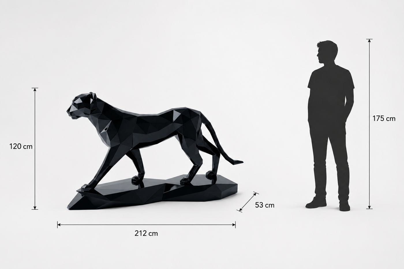 This visual presents the Large Origami Panther Sculpture in real scale, compared to a 175 cm human silhouette. With a height of 120 cm, this panther sculpture creates an elegant, powerful, and distinctly contemporary presence. Its faceted design, inspired by origami art and polygonal style, highlights the panther’s refined silhouette and natural strength, making it an ideal decorative statement piece for villas, hotels, gardens, terraces, showrooms, reception halls, art galleries, and high-end spaces.