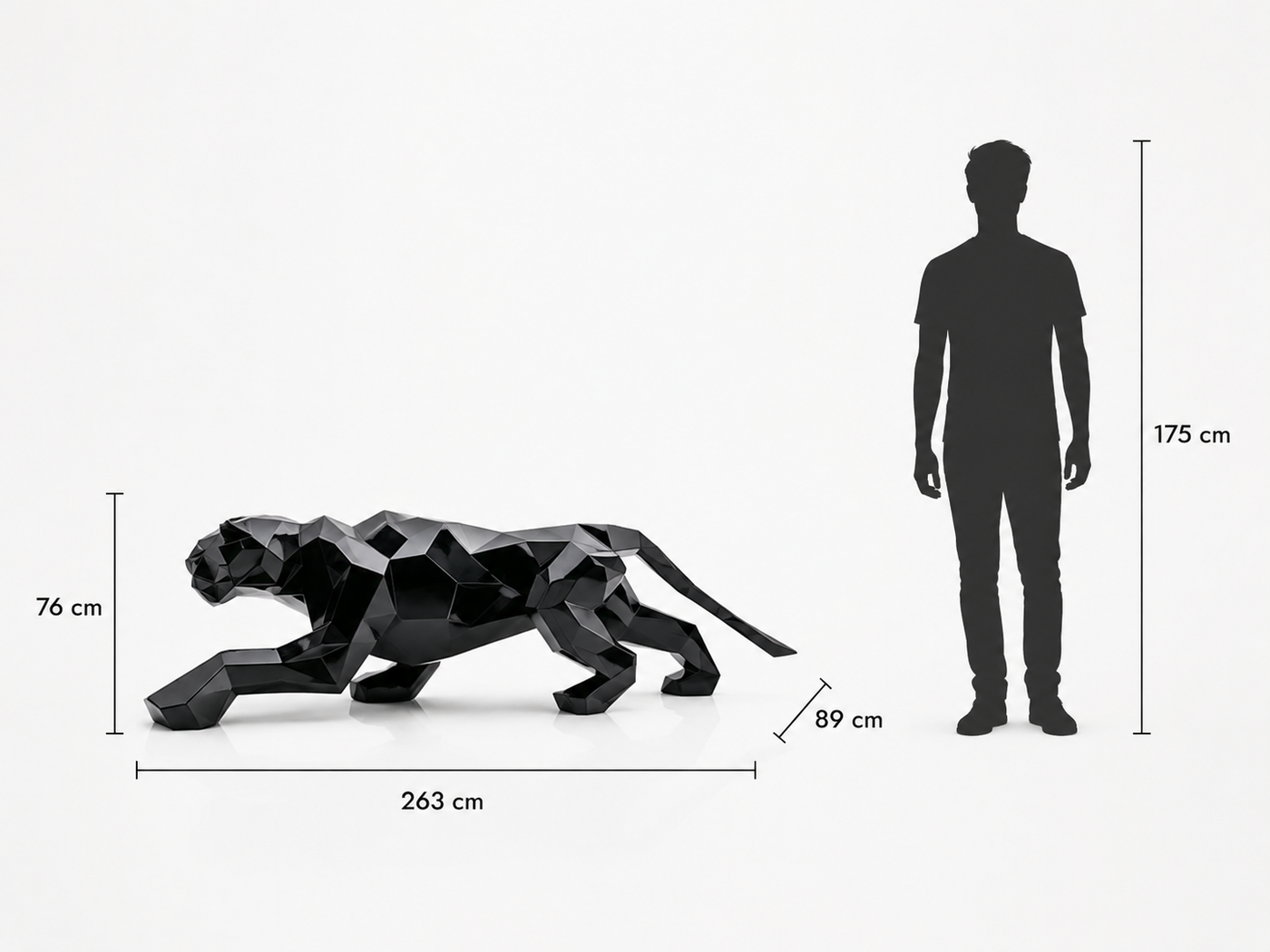 This visual presents the Faceted Origami Leopard Sculpture in real scale, compared to a 175 cm human silhouette. With a height of 76 cm, this decorative leopard sculpture creates an elegant, modern, and expressive presence. Its faceted design, inspired by origami art and polygonal style, makes it an ideal piece for indoor spaces such as living rooms, offices, reception halls, showrooms, design boutiques, and high-end decorative interiors.