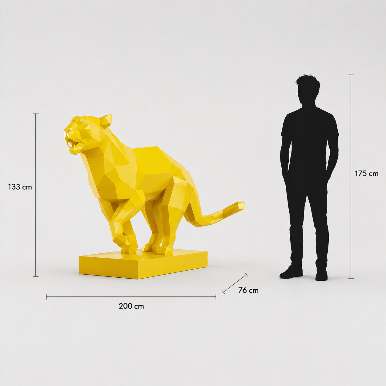 This visual presents the Faceted Panther in Motion Sculpture in real scale, compared to a 175 cm human silhouette. With a height of 133 cm, this panther sculpture creates an elegant, dynamic, and distinctly contemporary presence. Its faceted design, inspired by polygonal art and origami style, highlights the panther’s fluid movement and natural power, making it an ideal decorative statement piece for villas, hotels, gardens, terraces, showrooms, reception halls, art galleries, and high-end spaces.